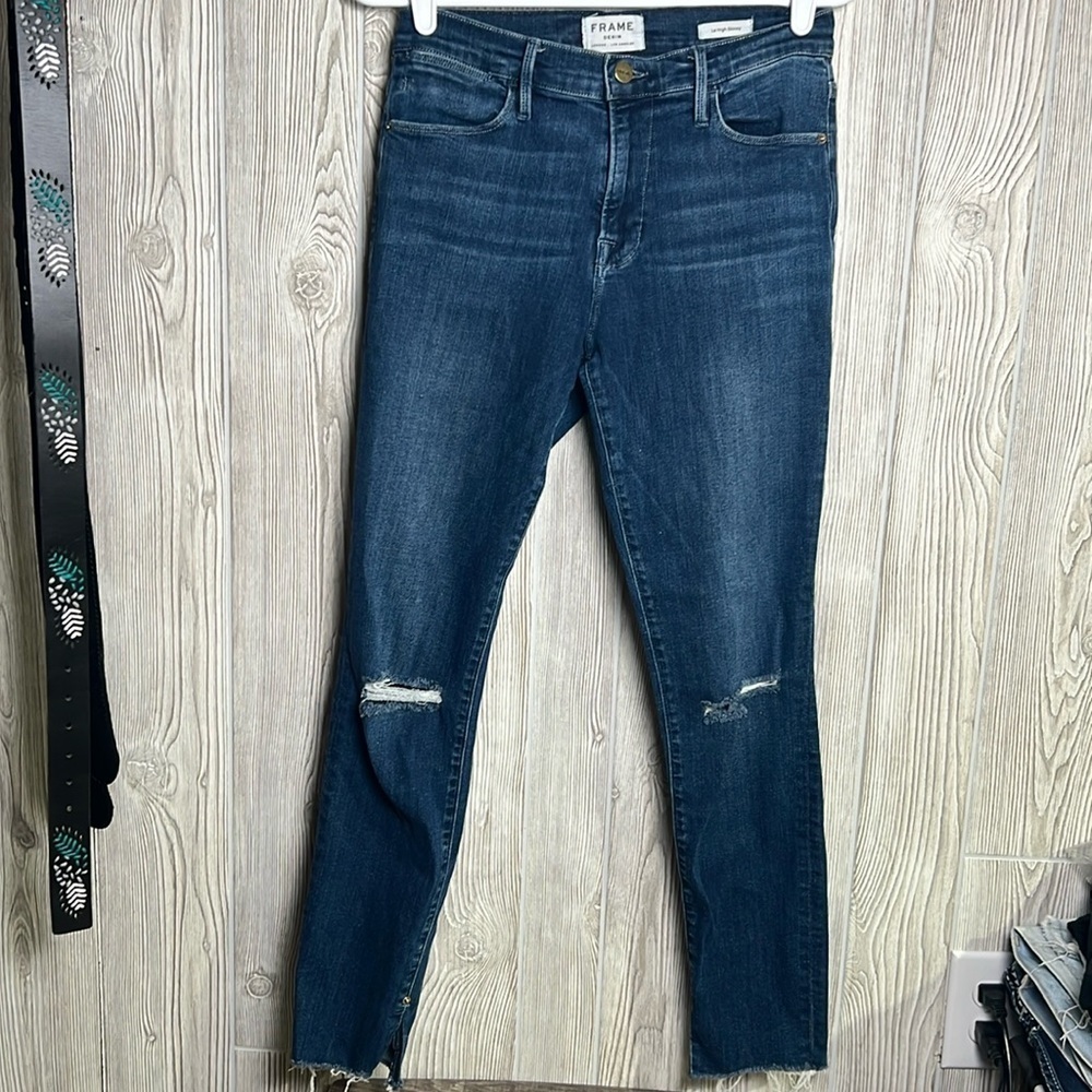 Women’s Frame Denim Jean Size 28 Le High Skinny Raw Hem Distressed dark wash